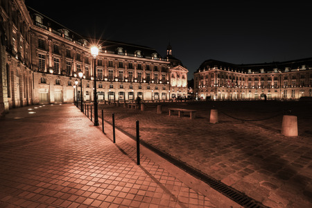 Selective focus on buliding, Place de la Bourse in vintage style, itâs one of the most recognizable sights of Bordeaux, Franceのeditorial素材