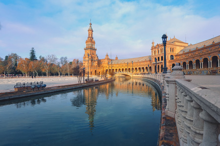 Canal Promenade Around Famous Landmark - The Plaza De Espana In Seville, Andalusia, Spainのeditorial素材