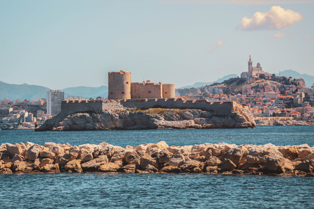 View of Chateau d'If castle and and Notre Dame de la Garde in Marseille, Franceのeditorial素材