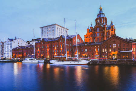 Evening scenery of Uspenski Orthodox Cathedral Church in Katajanokka district of the Old Town in Helsinki, Finlandの写真素材