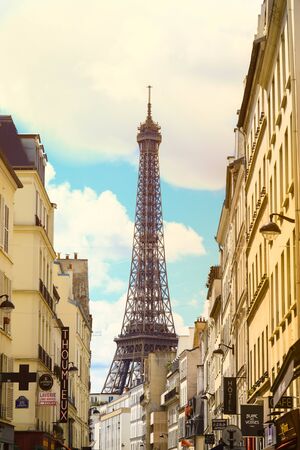 Paris, France - June 17, 2019: View of Eiffel Tower on street in Paris. Eiffel Tower is an architecture and landmark of Paris.のeditorial素材