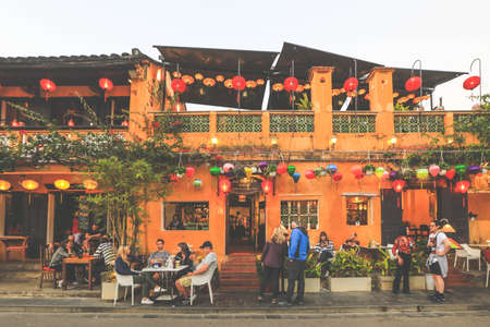 Hoi An, Vietnam - February 7, 2018 : Old house renoveted in to a restaurant  in Hoi An ancient town at dusk , Hoi An is one of the most popular destinations in Vietnamのeditorial素材
