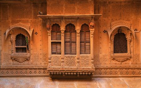 Wood Carved windows in the Blue City of Jodhpur, Rajasthan , India.の写真素材