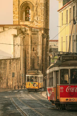 LISBON - PORTUGAL, December 23, 2018: An old traditional tram carriage in the city centre of Lisbon, Portugal. The city kept old traditional tram in service within the historical part of the capitalのeditorial素材