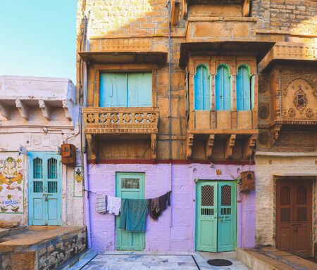 Facade of the old haveli houses historical indian houses in Jaisamer. Jaisalmer is known as Golden City in Indiaの写真素材
