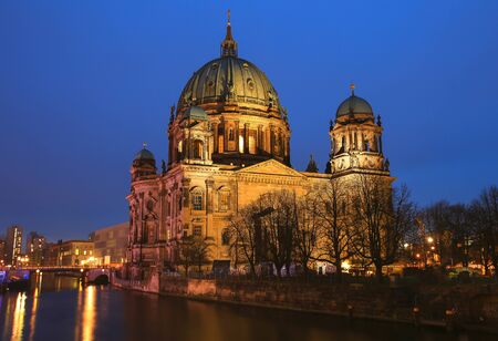 Selective focus on Berlin Cathedral on river bank , Berliner Dome at night, Berlin ,Germanyの写真素材