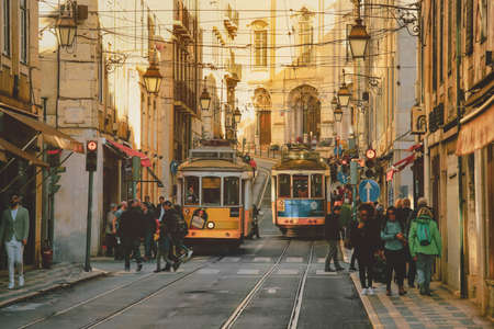 Lisbon - Portugal, November 5, 2018: An old traditional tram carriage in the city centre of Lisbon, Portugal. The city kept old traditional tram in service within the historical part of the capitalのeditorial素材