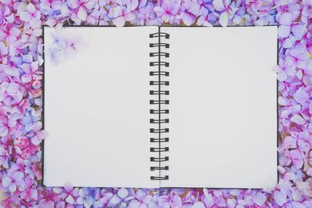 Soft focus on white blank notebook with hydrangea flowers aroundの写真素材