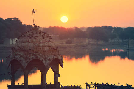 View of Gadisar lake peaceful scene in the morning at sunrise,  Jaisalmer Indiaの写真素材