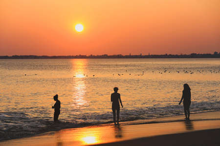 Women enjoy thier vacation on the beach at sunsetの写真素材