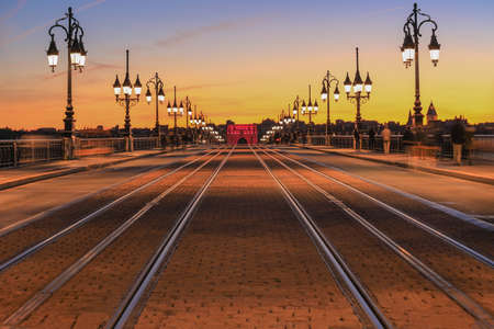 Pont de pierre in Bordeaux at twilight, Franceの写真素材