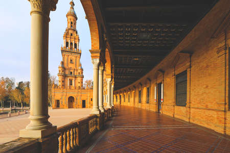 Plaza de Espana Spain Square Architecture view from the inner corridor with columns in Seville Spain City Centerの写真素材