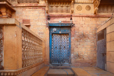 Wood Carved door in the Blue City of Jodhpur, Rajasthan, India.の写真素材
