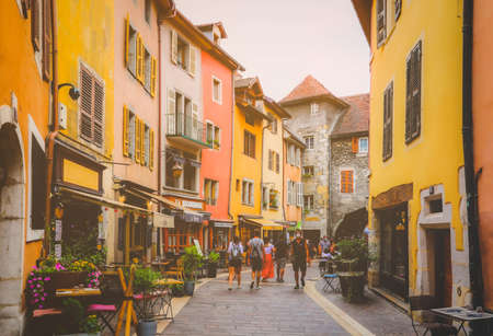 Annecy, France-20, August -2020: Street view of Annecy old town with tourists colorful historical buildings in Annecy Franceのeditorial素材