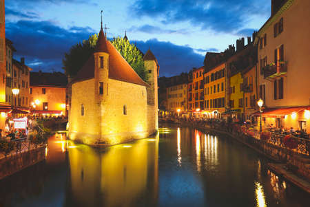 Annecy, France, - August, 20, 2020: Palais de l'Isle, popular landmark in Annecy, the capital of Savoy, called Venice of the Alps, Franceのeditorial素材