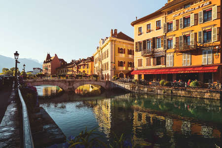 Annecy, France, - August, 20, 2020: Annecy cityscape with Thiou river view, the capital of Savoy, called Venice of the Alps, Franceのeditorial素材