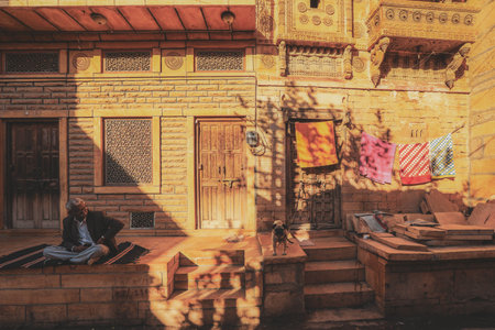 Jaisalmer, India - January 19, 2020: Selective focus on facade of old haveli houses in Jaisamer. Jaisalmer is known as Golden City in Indiaのeditorial素材
