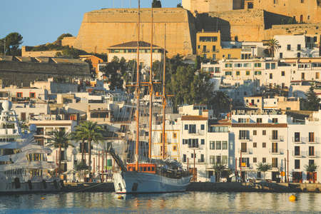 Beautiful Ibiza town with blue Mediterranean sea and city view in the morningのeditorial素材