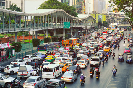 Bangkok, Thailand - February 15, 2020: Transport Environmental pollution, traffic jam in main Bangkok downtown after work in vintage color, Thailandのeditorial素材