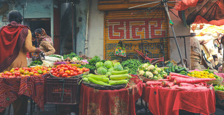 Jaisalmer, India - January 19, 2020: Selective focus vegetables at open market on streets in Jaisalmer.のeditorial素材