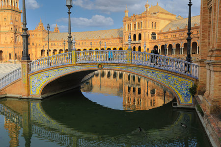 Seville, Spain - January 3, 2019: Spain Square or Plaza de Espana in Seville during evening blue hour, Andalusia, Spainのeditorial素材