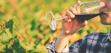 man holding red wine glass with green nature background, celebration conceptの写真素材