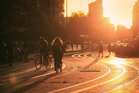 Bordeaux, France- October 1, 2019: people riding bicycle during the sunset in the city of Bordeaux in vintage styleのeditorial素材