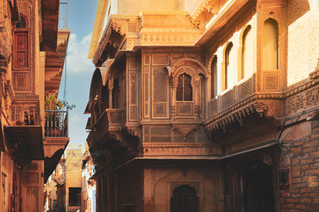 Selective focus on facade of old haveli house in Jaisamer. Jaisalmer is known as Golden City in Indiaのeditorial素材