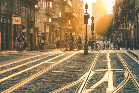 Bordeaux France- September 20, 2021:city street scene, people walking on street with tramway during the sunset in Bordeaux, Franceのeditorial素材