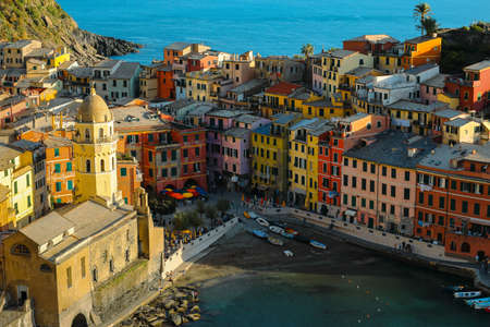 Cinque Terre, Italy, - 9, August - 2021 :  Beautiful Vernazza village on the coastline of Cinque Terre by the Ligurian Sea, Italyのeditorial素材