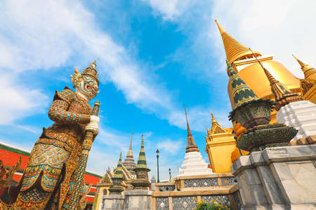 Wat Phra Kaew, Temple of the Emerald Buddha with blue sky Bangkok, Asia Thailandの写真素材