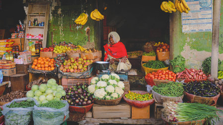 Jaisalmer, India - January 19, 2020: Soft focus on tomatoes, vegetable market on streets in...
