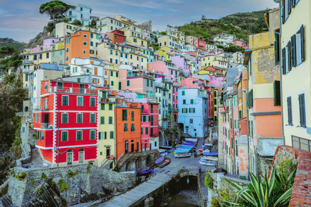Beautiful Vernazza village on the coastline of Cinque Terre by the Ligurian Sea, Italyの写真素材