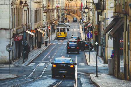 Lisbon - Portugal, November 5, 2018: An old traditional tram carriage in the city centre of Lisbon, Portugal. The city kept old traditional tram in service within the historical part of the capitalのeditorial素材