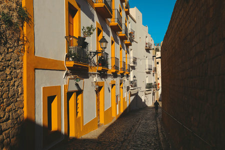 Typical street of the old town of Ibiza Town, in Balearic Islands, Spain,の写真素材