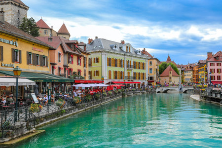 Annecy, France, - August, 20, 2020: Palais de l'Isle, popular landmark in Annecy, the capital of Savoy, called Venice of the Alps, Franceのeditorial素材