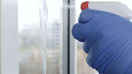 Image with Hands Wearing Protective Gloves Cleaning a Window Using Sprayed Disinfectant Liquidの写真素材