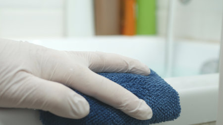 Nurse's Hand Cleaning the Bathtub Surface with a Dry Towelの写真素材