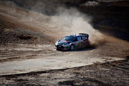 DEAD SEA, JORDAN - April 15, 2011: Mikko Hirvonen & Jarmo Lehtinen driving a Ford Fiesta RS WRC #3 During Jordan Rally on April 15,2011 Day 1 in Dead Sea, Jordan.のeditorial素材