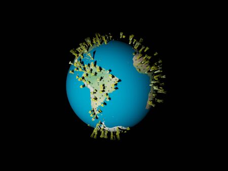 3D digital image of corona virus on planet Earth, South America without clouds