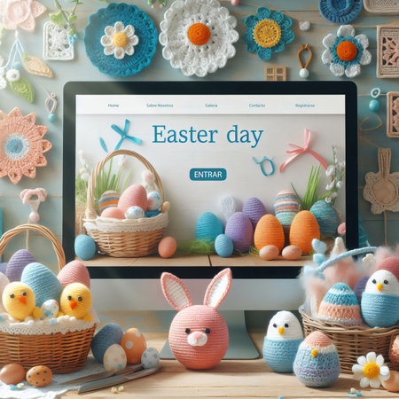 Easter eggs and handmade crochet dolls, tablet with crochet images. top viewの素材