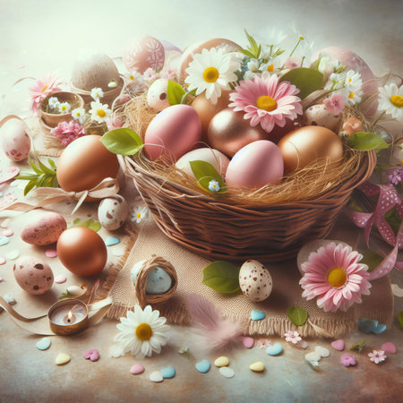 Easter eggs in a basket on a vintage background. easter dayの素材