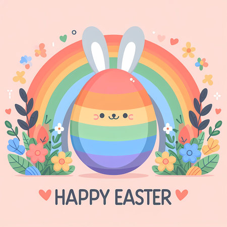 Happy easter day. A cartoon easter egg rabbit with a rainbow.の素材