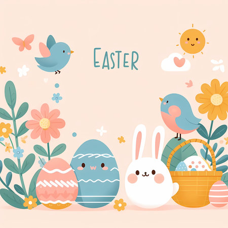Children's design of easter bunny and chick with flowers and birds. Easter dayの素材