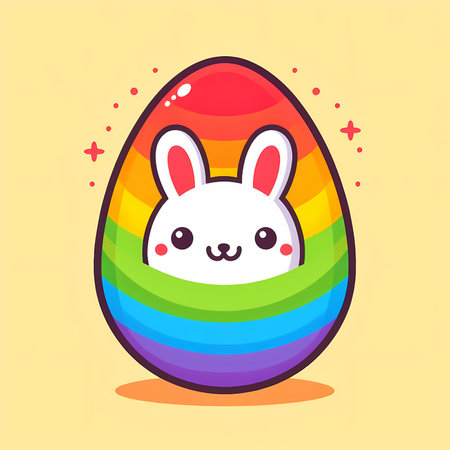 Happy easter day. A cartoon easter egg rabbit with a rainbow in the background.の素材