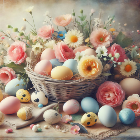Floral ornament in a basket, easter eggs scattered, vintage background. easter dayの素材
