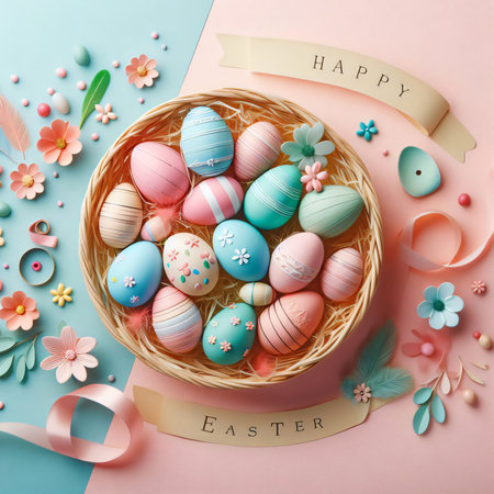 Happy easter day. Colorful easter eggs and bows on pink backgroundの素材