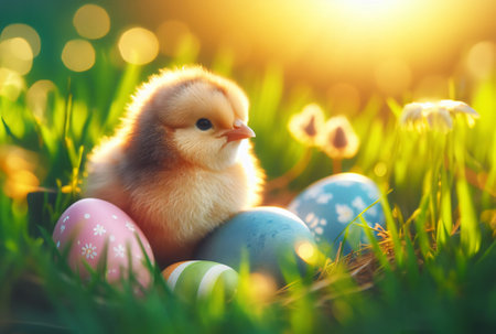 Happy Easter day. A small chicken sitting in a nest with eggsの素材
