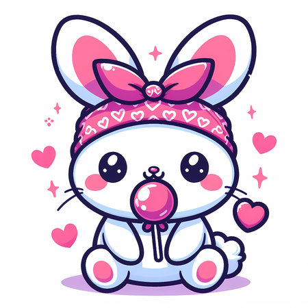 Kawaii cartoon bunny with a pink lollipop and a bandana on white background. easter dayの素材