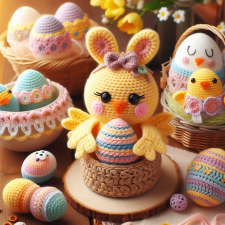 Cute bunnies and Easter eggs made from crochet. Easter dayの素材